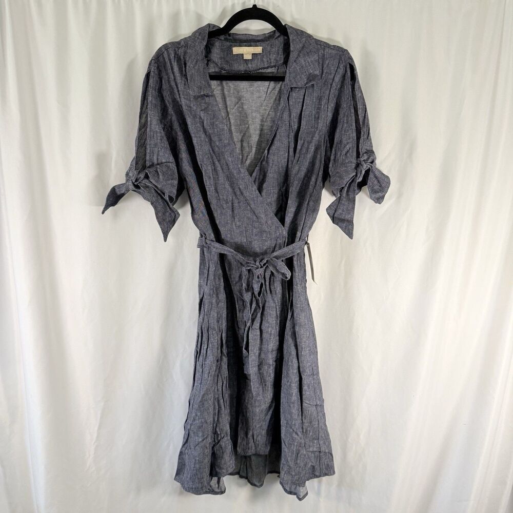 New Hope & Harlow Linen Blend Dress Women's 14 Blue Denim Wrap Belted